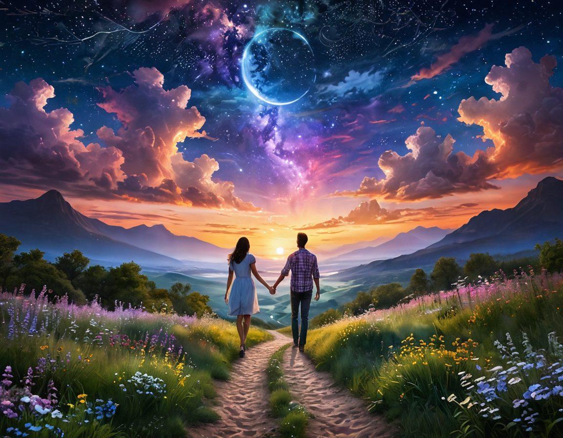 A heartwarming scene showcasing two souls intertwined, sharing laughter and secrets under a starlit sky. Surrounding them are elements symbolizing friendship, like intertwined hands, soft glowing lights, and nature's beauty, like blooming flowers. Include soft, delicate colors that evoke love and intimacy. The background should hint at a journey together, perhaps with a winding path leading to a horizon filled with hope. super-realistic. vibrant colors. dreamy atmosphere.