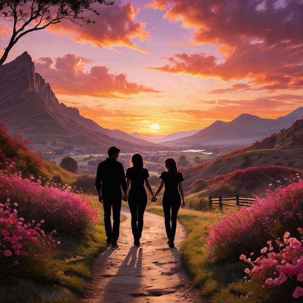 A romantic sunset silhouette of a couple holding hands on a winding path, surrounded by blooming flowers symbolizing love and passion. Soft glowing lights float around them, depicting sparks of inspiration and heartfelt moments. The background features a dreamy landscape with gentle hills and soft clouds, creating a serene atmosphere. warm colors of red, pink, and orange enhance the feeling of romance. super-realistic. vibrant colors.